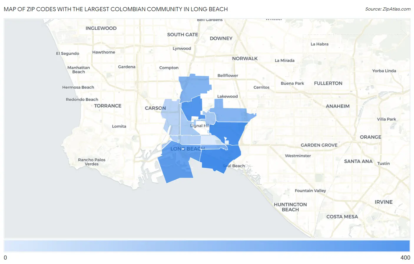 Zip Codes with the Largest Colombian Community in Long Beach Map