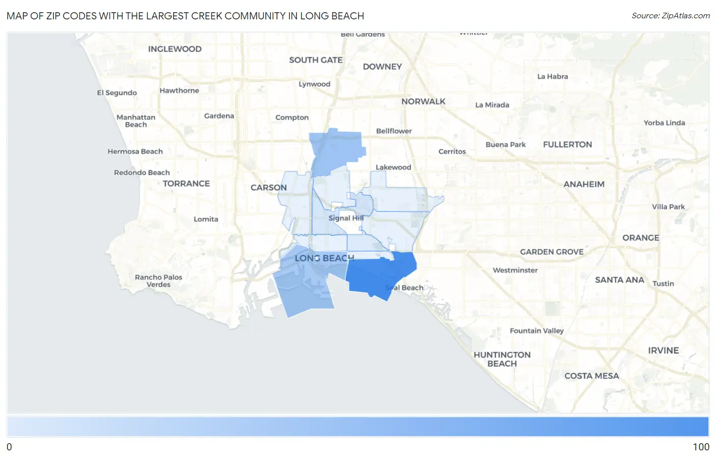 Zip Codes with the Largest Creek Community in Long Beach Map