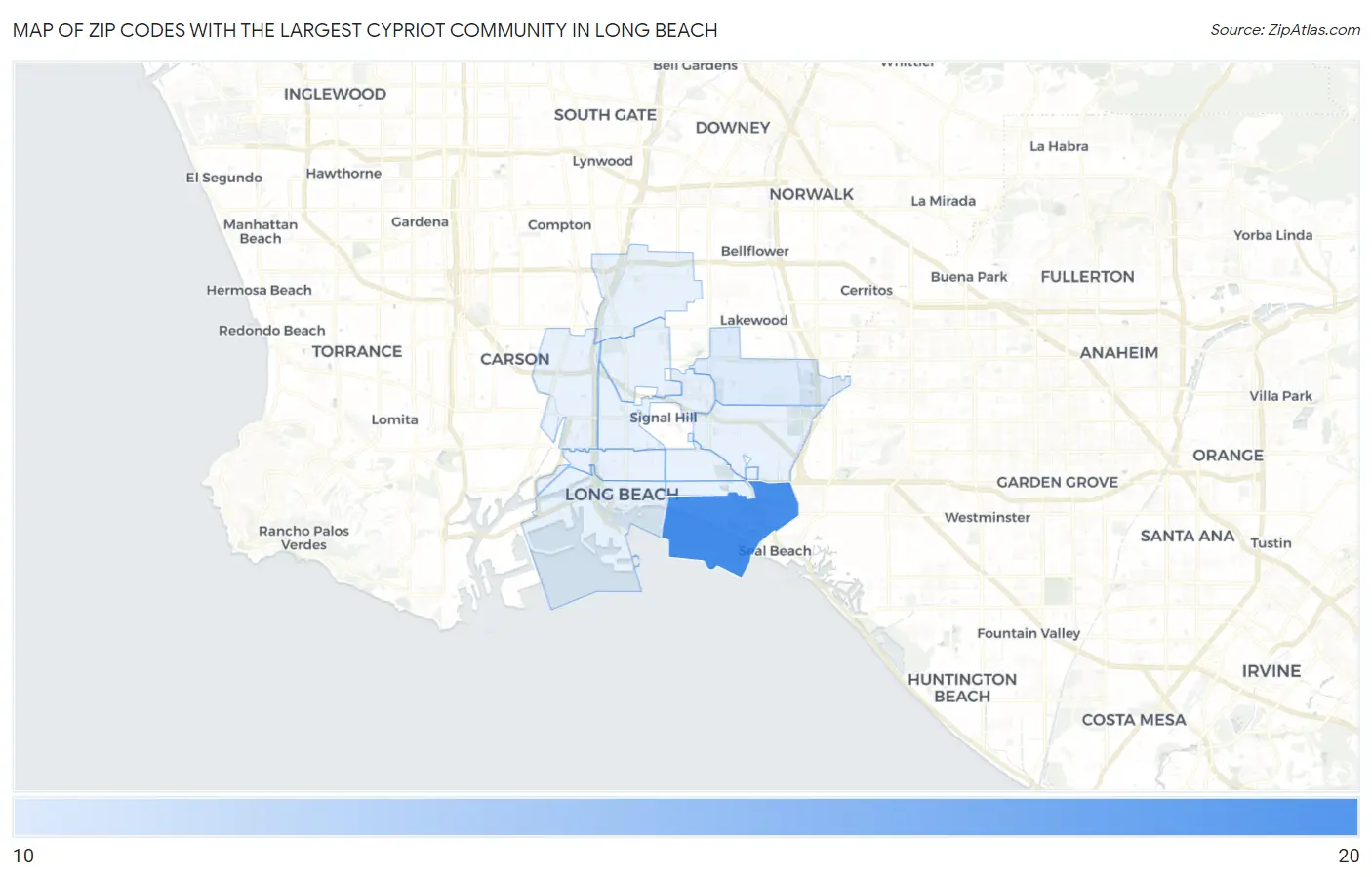 Zip Codes with the Largest Cypriot Community in Long Beach Map