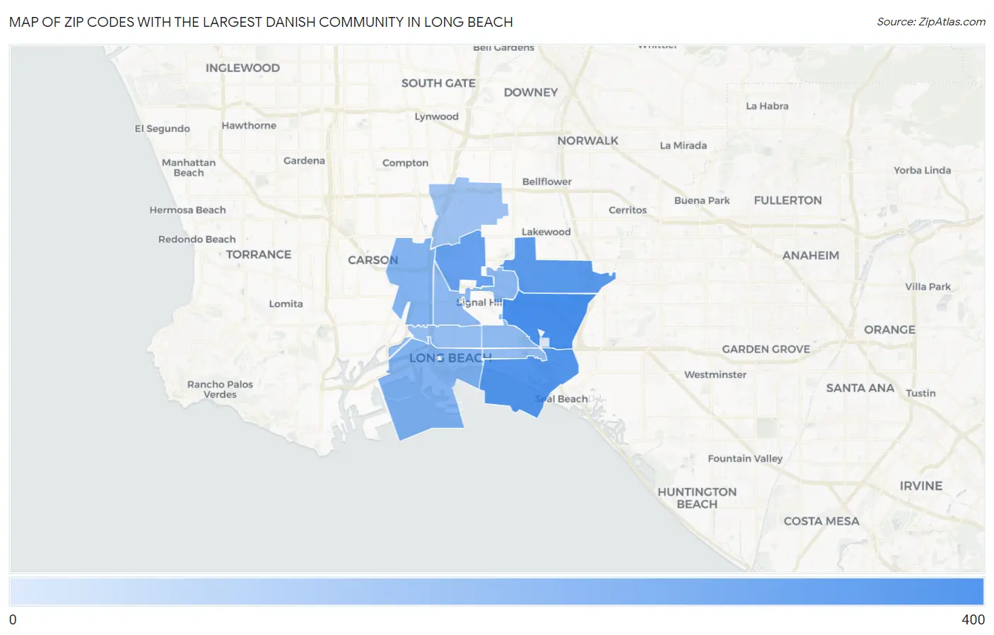 Zip Codes with the Largest Danish Community in Long Beach Map