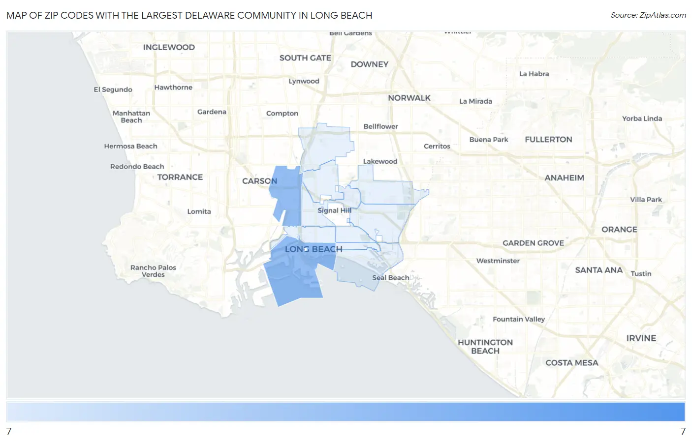 Zip Codes with the Largest Delaware Community in Long Beach Map