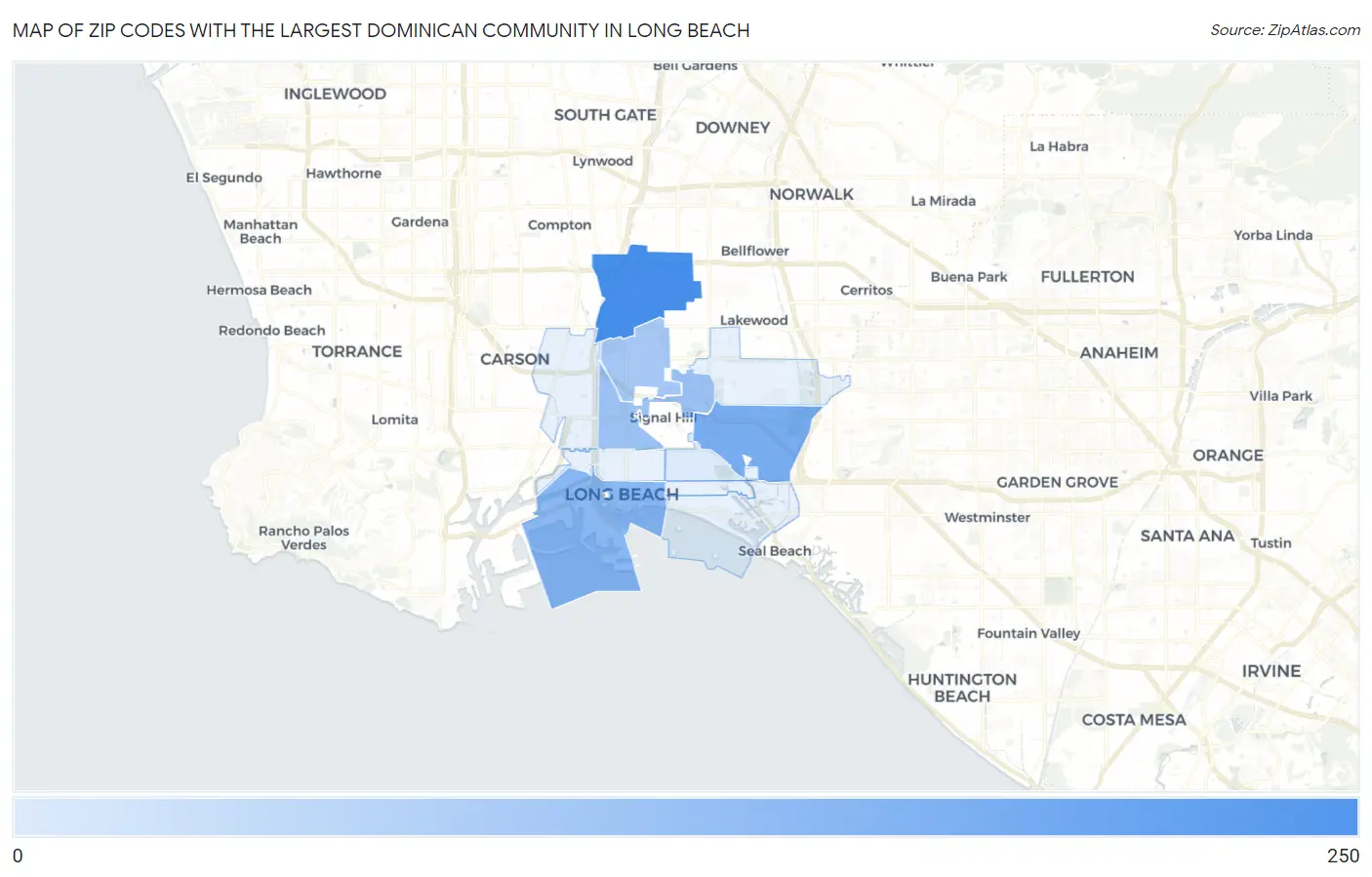 Zip Codes with the Largest Dominican Community in Long Beach Map
