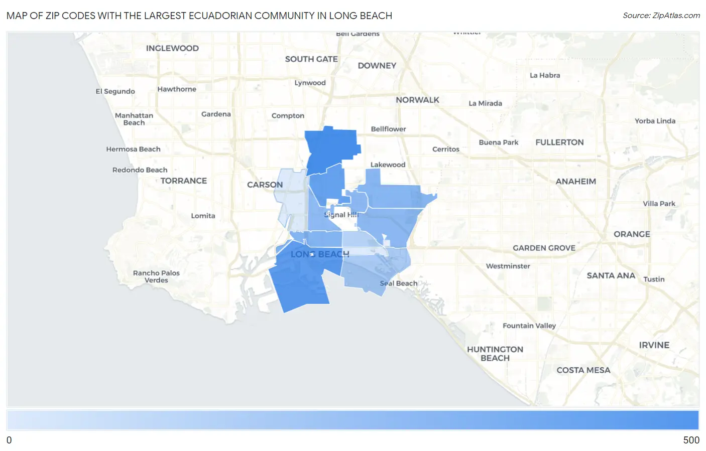 Zip Codes with the Largest Ecuadorian Community in Long Beach Map