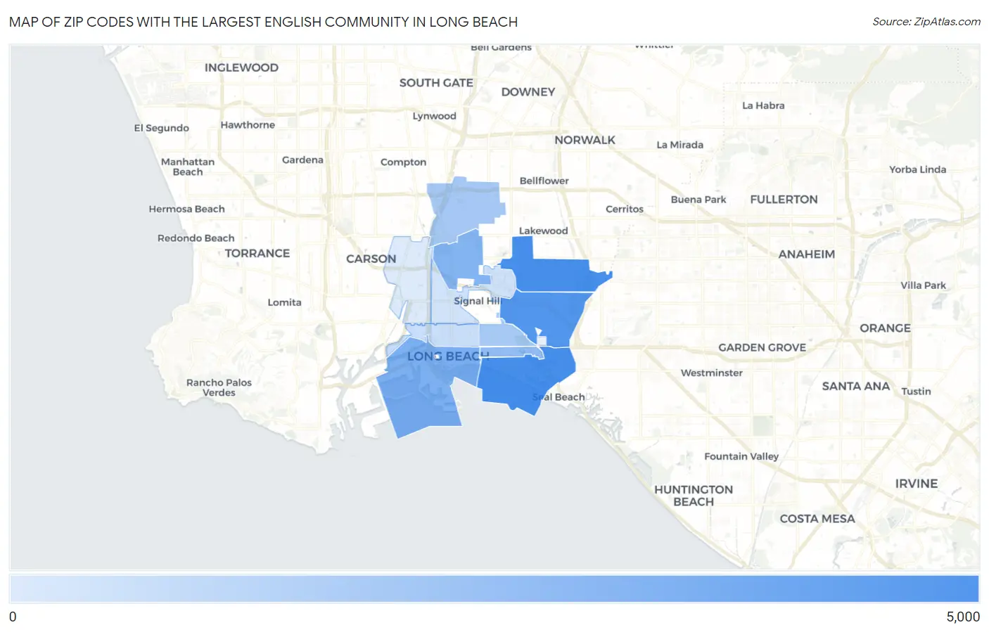 Zip Codes with the Largest English Community in Long Beach Map