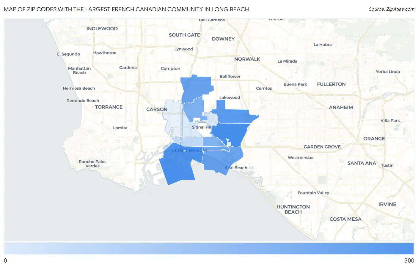 Zip Codes with the Largest French Canadian Community in Long Beach Map