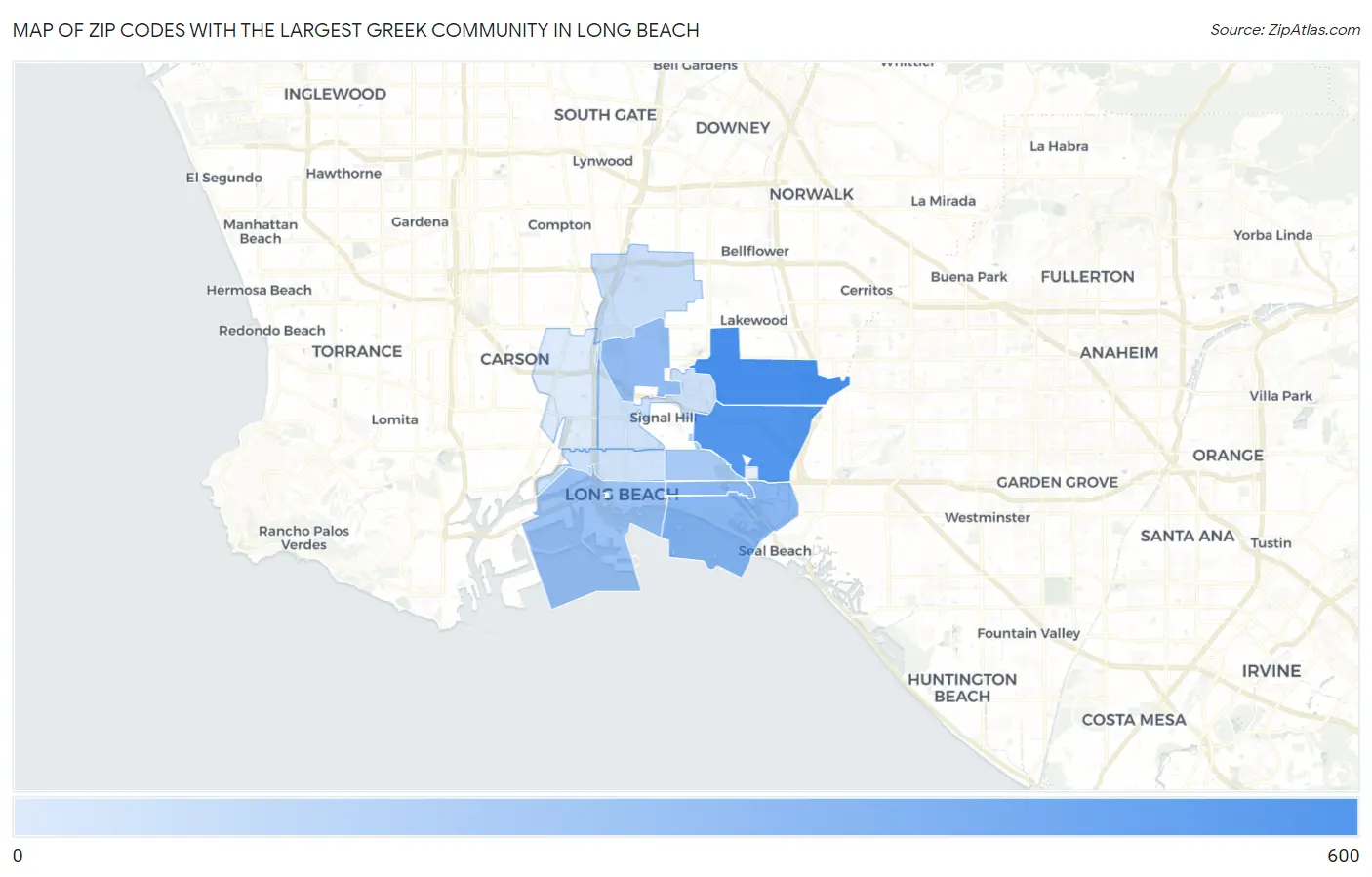 Zip Codes with the Largest Greek Community in Long Beach Map