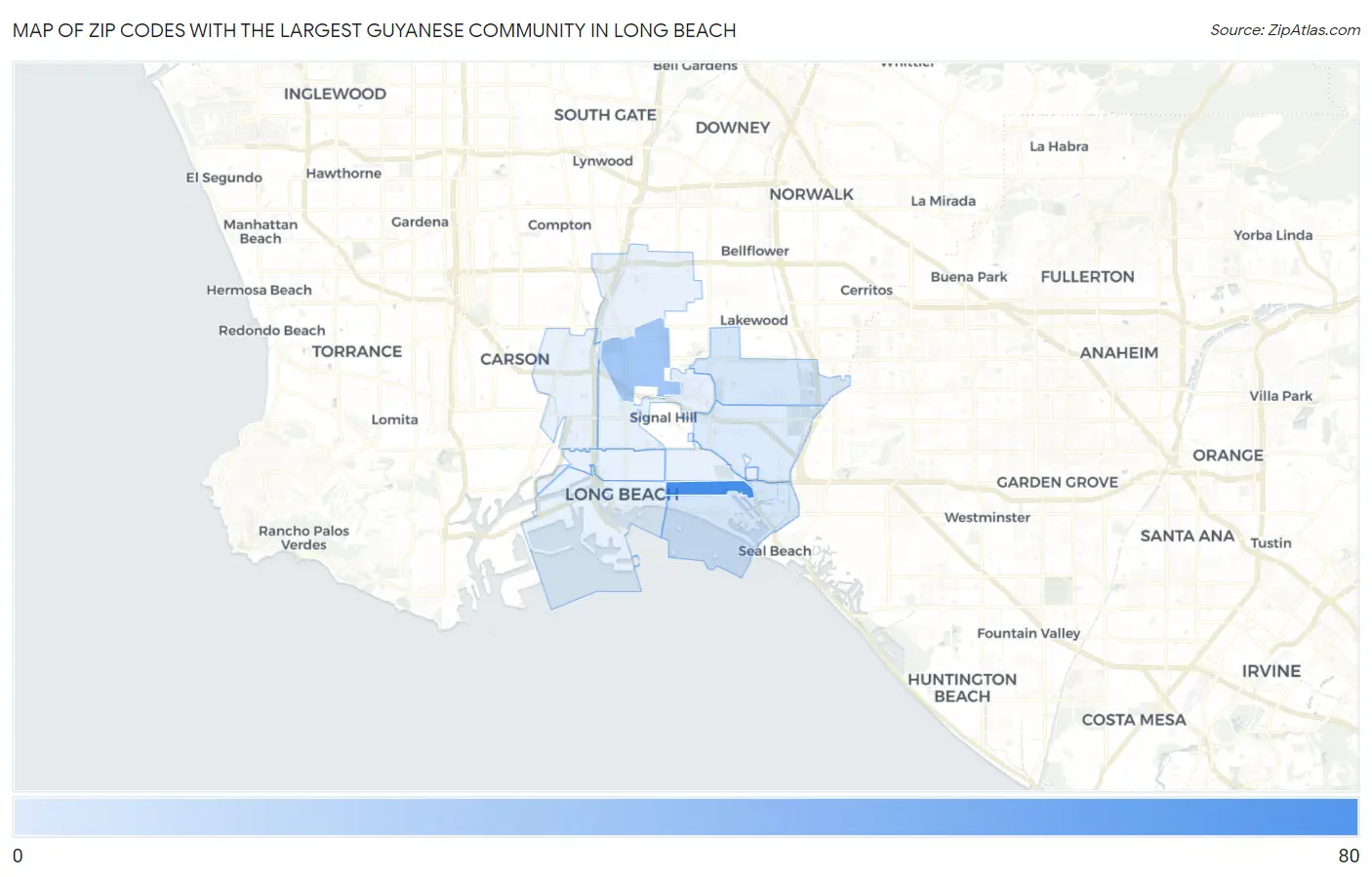 Zip Codes with the Largest Guyanese Community in Long Beach Map