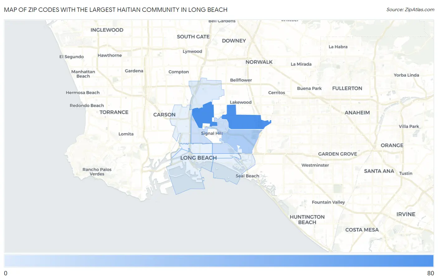 Zip Codes with the Largest Haitian Community in Long Beach Map