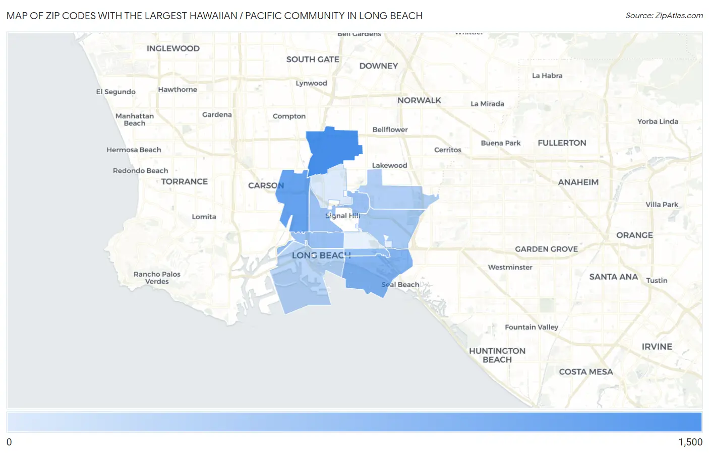 Zip Codes with the Largest Hawaiian / Pacific Community in Long Beach Map