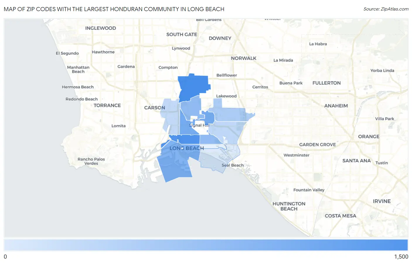 Zip Codes with the Largest Honduran Community in Long Beach Map