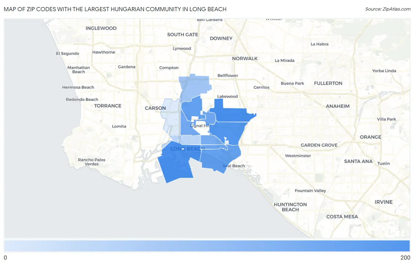 Zip Codes with the Largest Hungarian Community in Long Beach Map