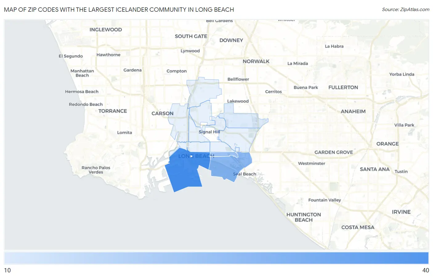 Zip Codes with the Largest Icelander Community in Long Beach Map