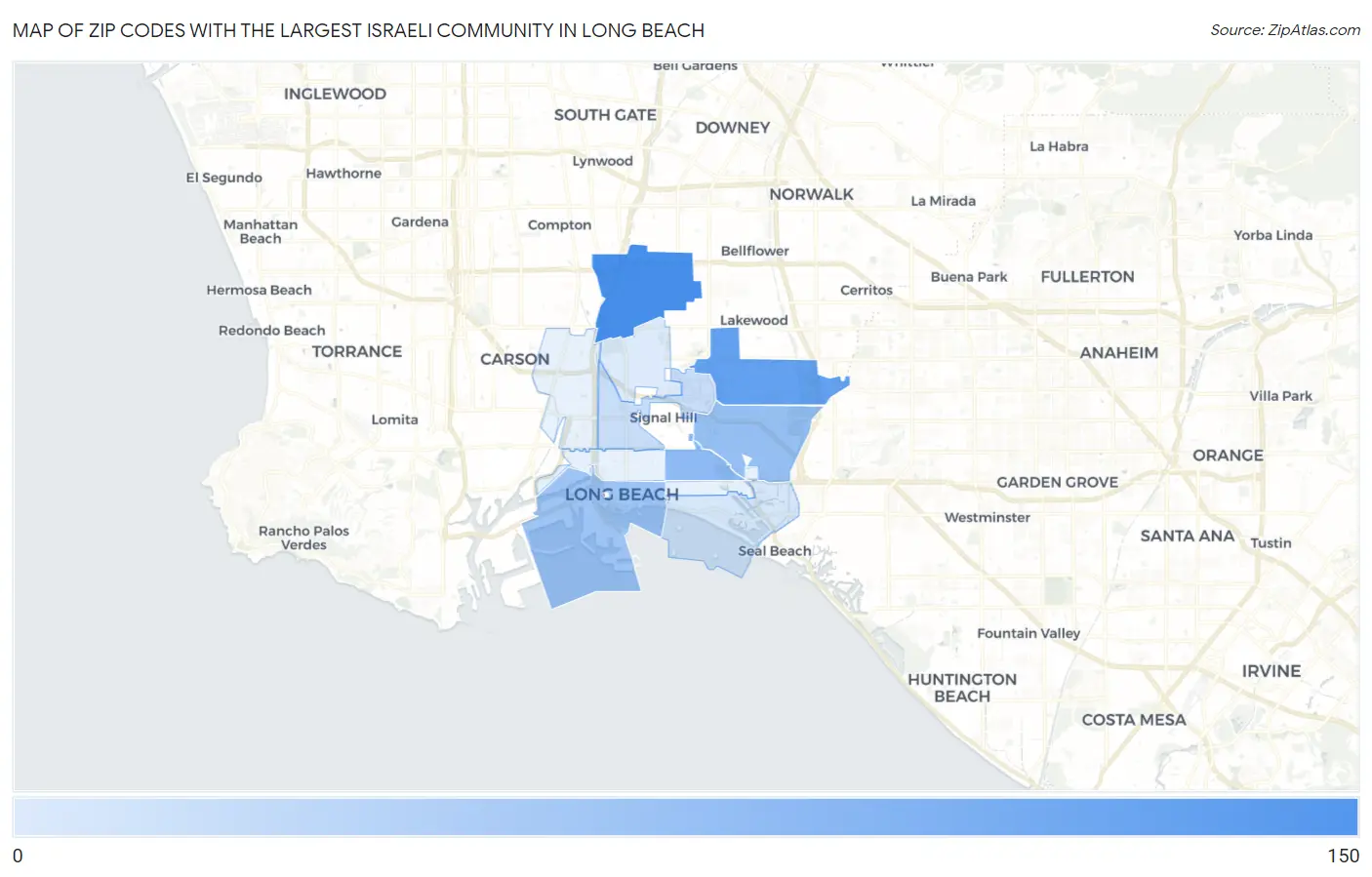 Zip Codes with the Largest Israeli Community in Long Beach Map