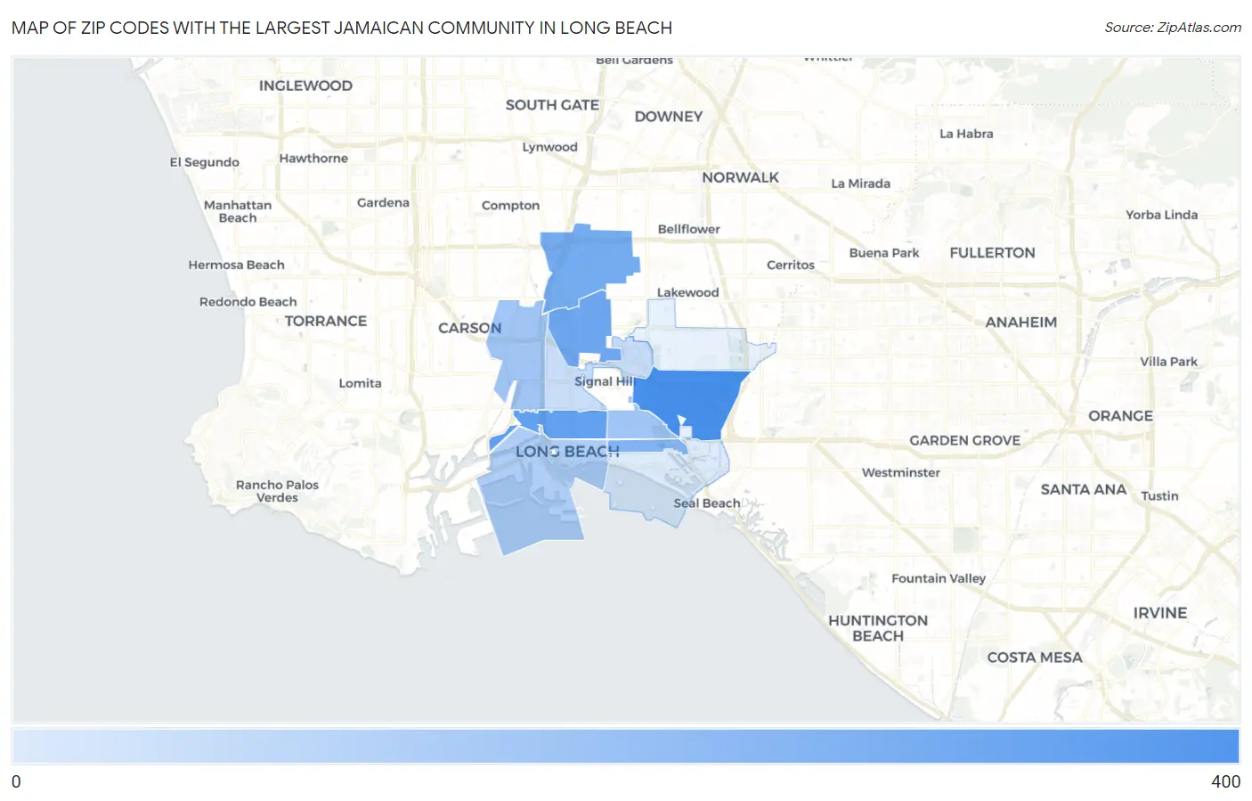 Zip Codes with the Largest Jamaican Community in Long Beach Map