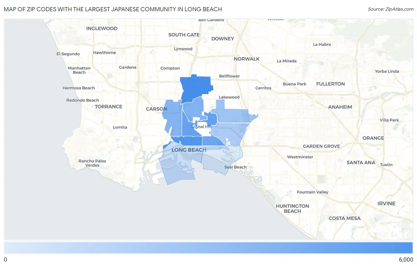 Zip Codes with the Largest Japanese Community in Long Beach Map