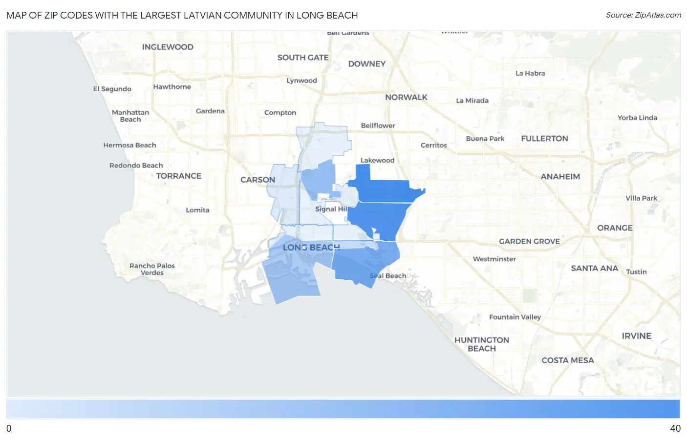 Zip Codes with the Largest Latvian Community in Long Beach Map