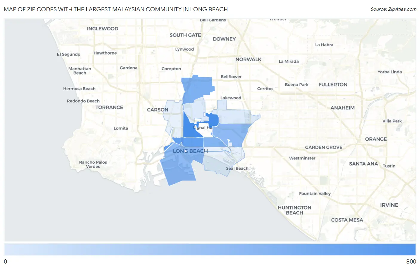 Zip Codes with the Largest Malaysian Community in Long Beach Map
