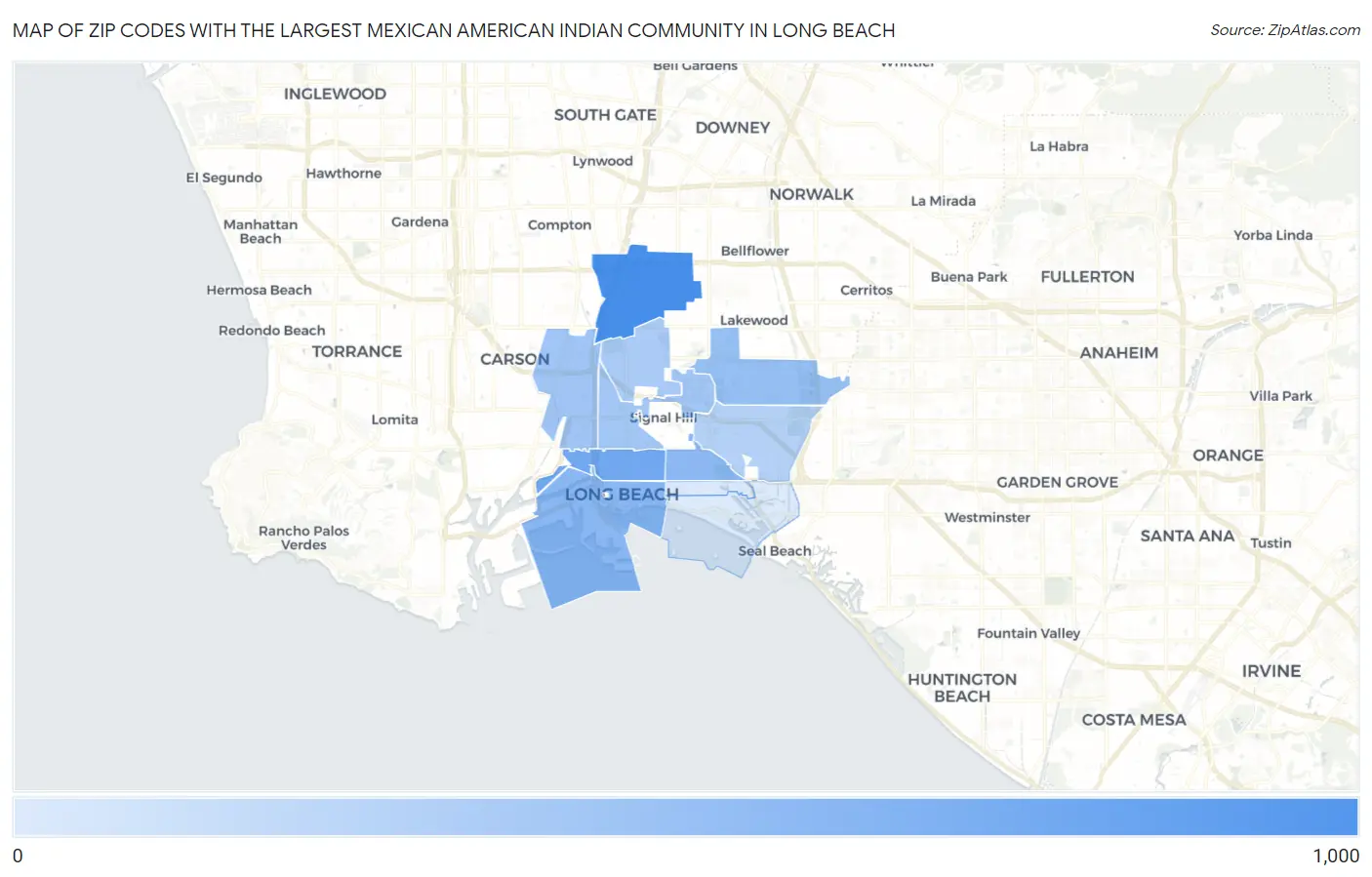 Zip Codes with the Largest Mexican American Indian Community in Long Beach Map