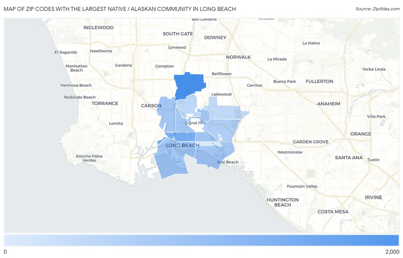 Zip Codes with the Largest Native / Alaskan Community in Long Beach Map