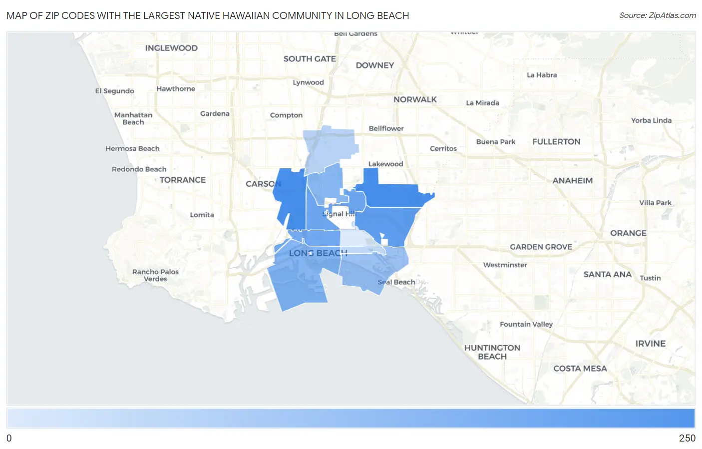 Zip Codes with the Largest Native Hawaiian Community in Long Beach Map