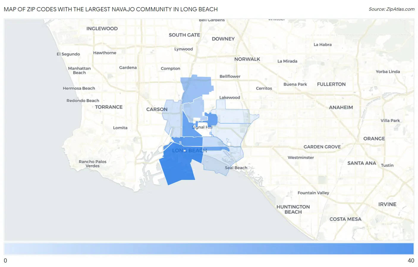 Zip Codes with the Largest Navajo Community in Long Beach Map