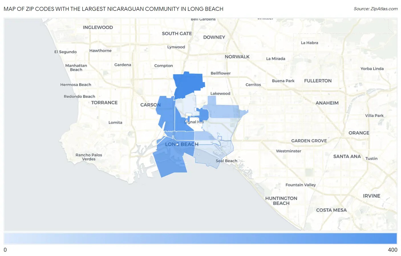 Zip Codes with the Largest Nicaraguan Community in Long Beach Map