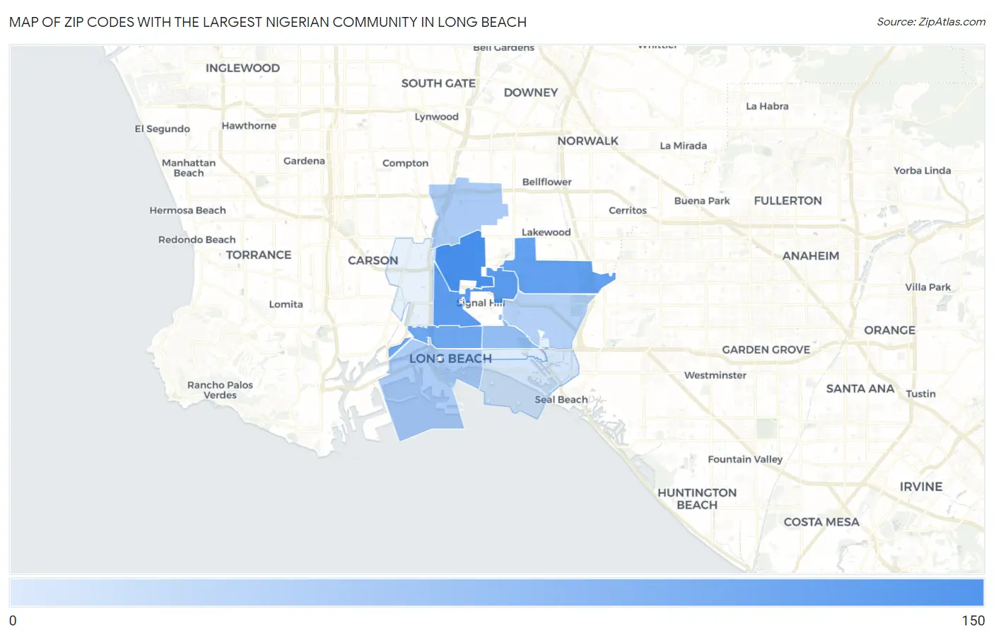 Zip Codes with the Largest Nigerian Community in Long Beach Map