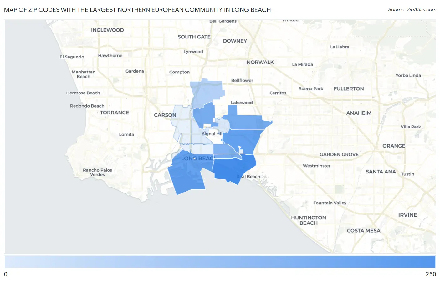 Zip Codes with the Largest Northern European Community in Long Beach Map