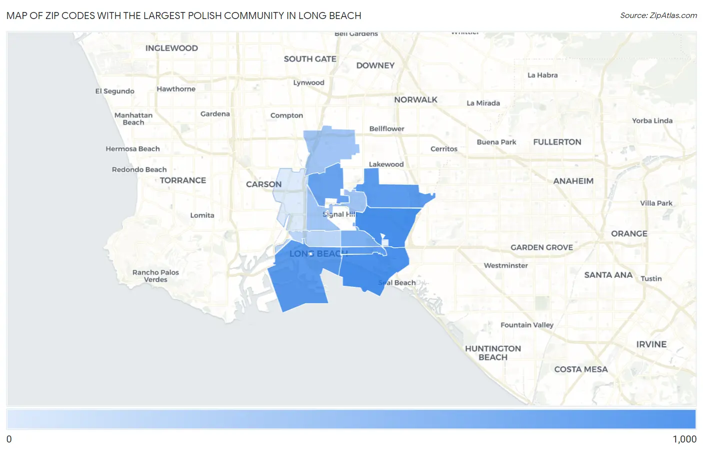 Zip Codes with the Largest Polish Community in Long Beach Map
