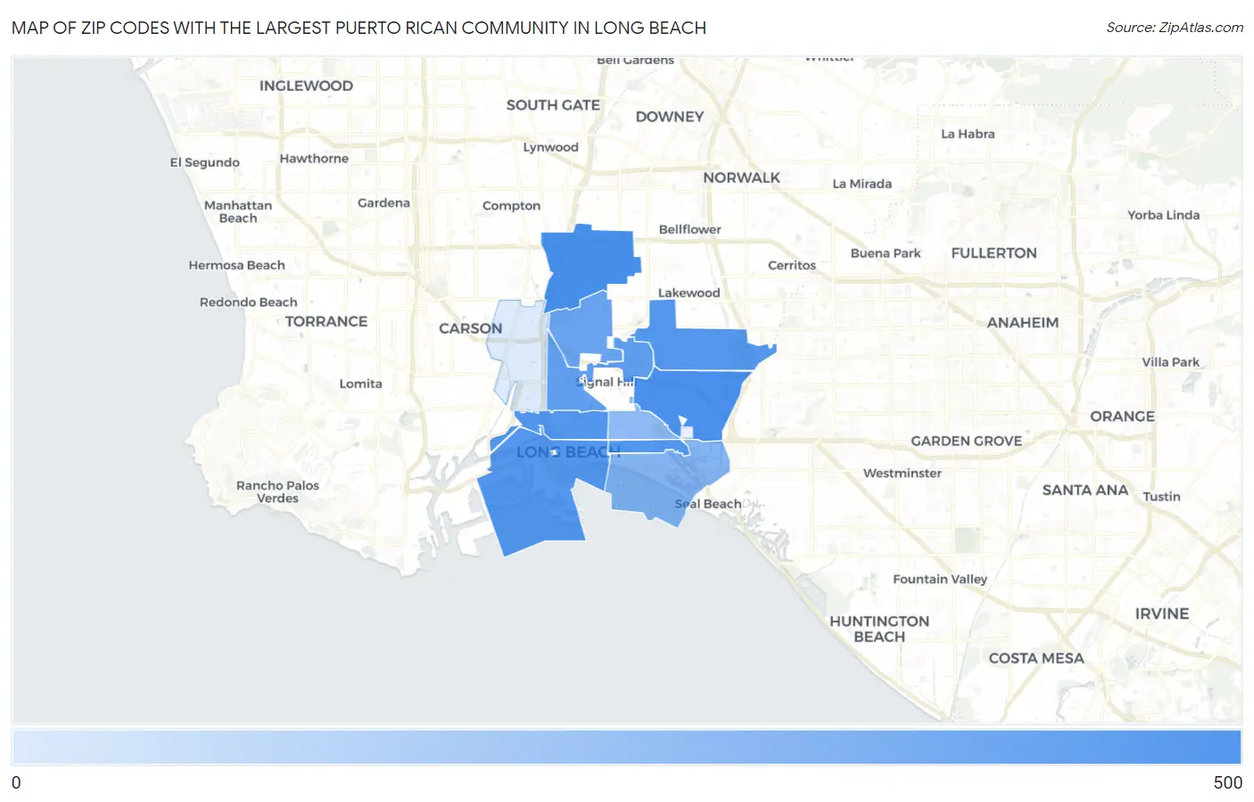 Zip Codes with the Largest Puerto Rican Community in Long Beach Map