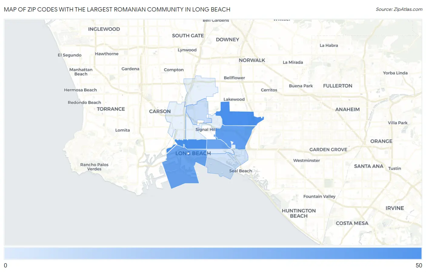 Zip Codes with the Largest Romanian Community in Long Beach Map