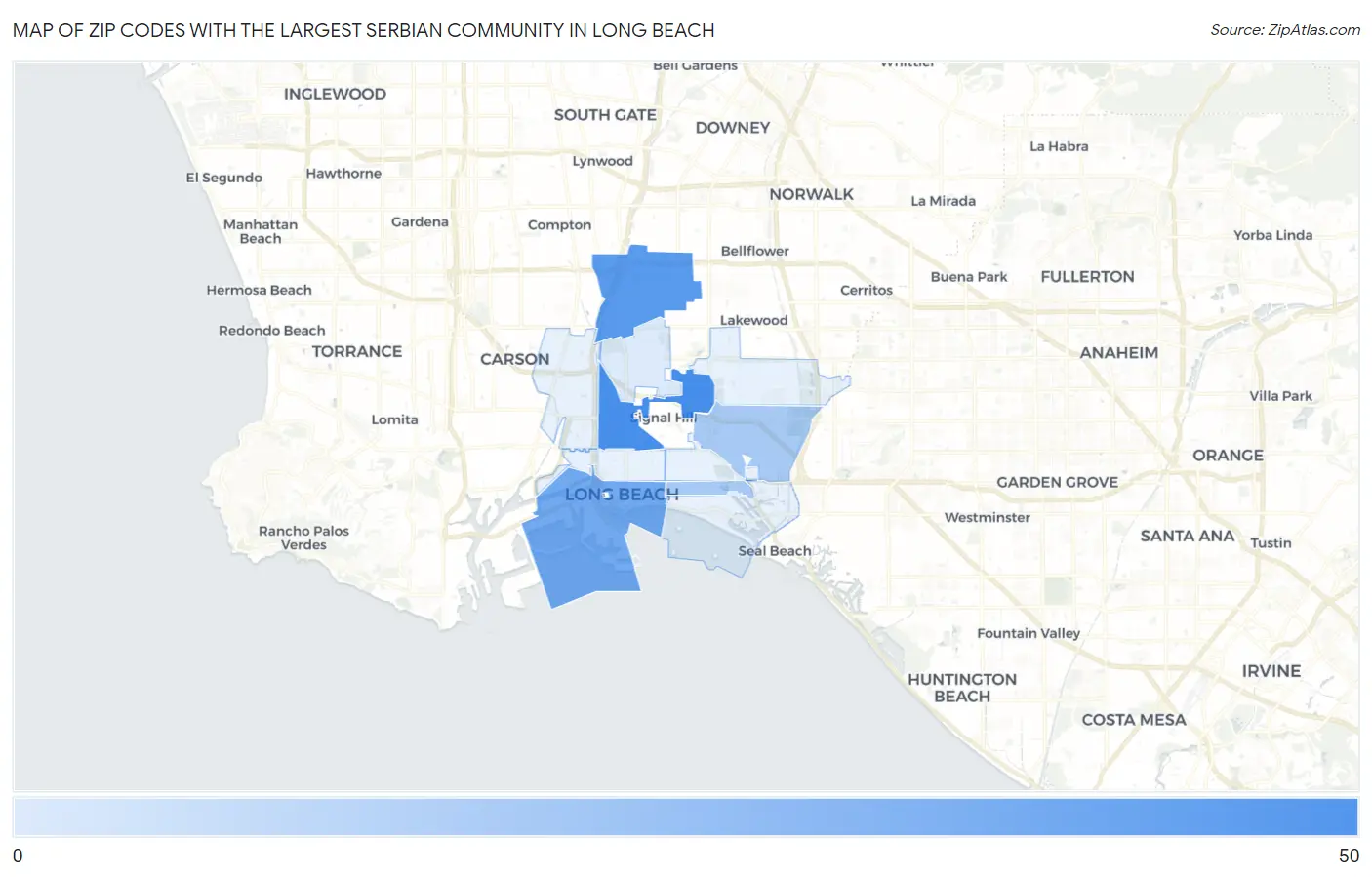 Zip Codes with the Largest Serbian Community in Long Beach Map