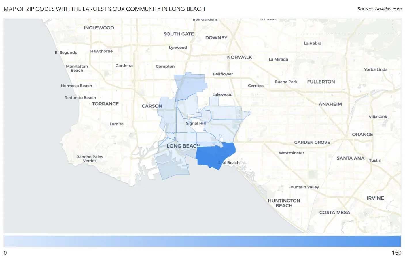 Zip Codes with the Largest Sioux Community in Long Beach Map