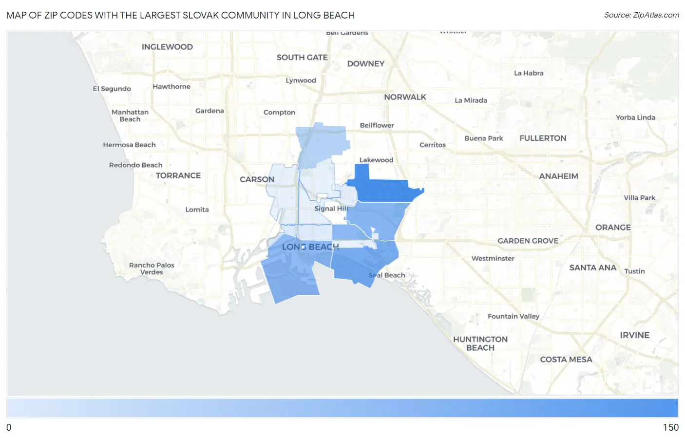 Zip Codes with the Largest Slovak Community in Long Beach Map