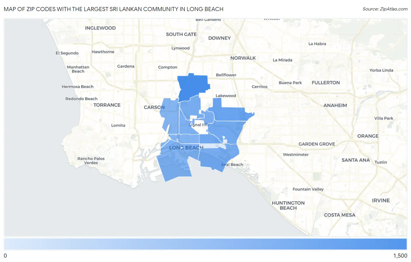 Zip Codes with the Largest Sri Lankan Community in Long Beach Map