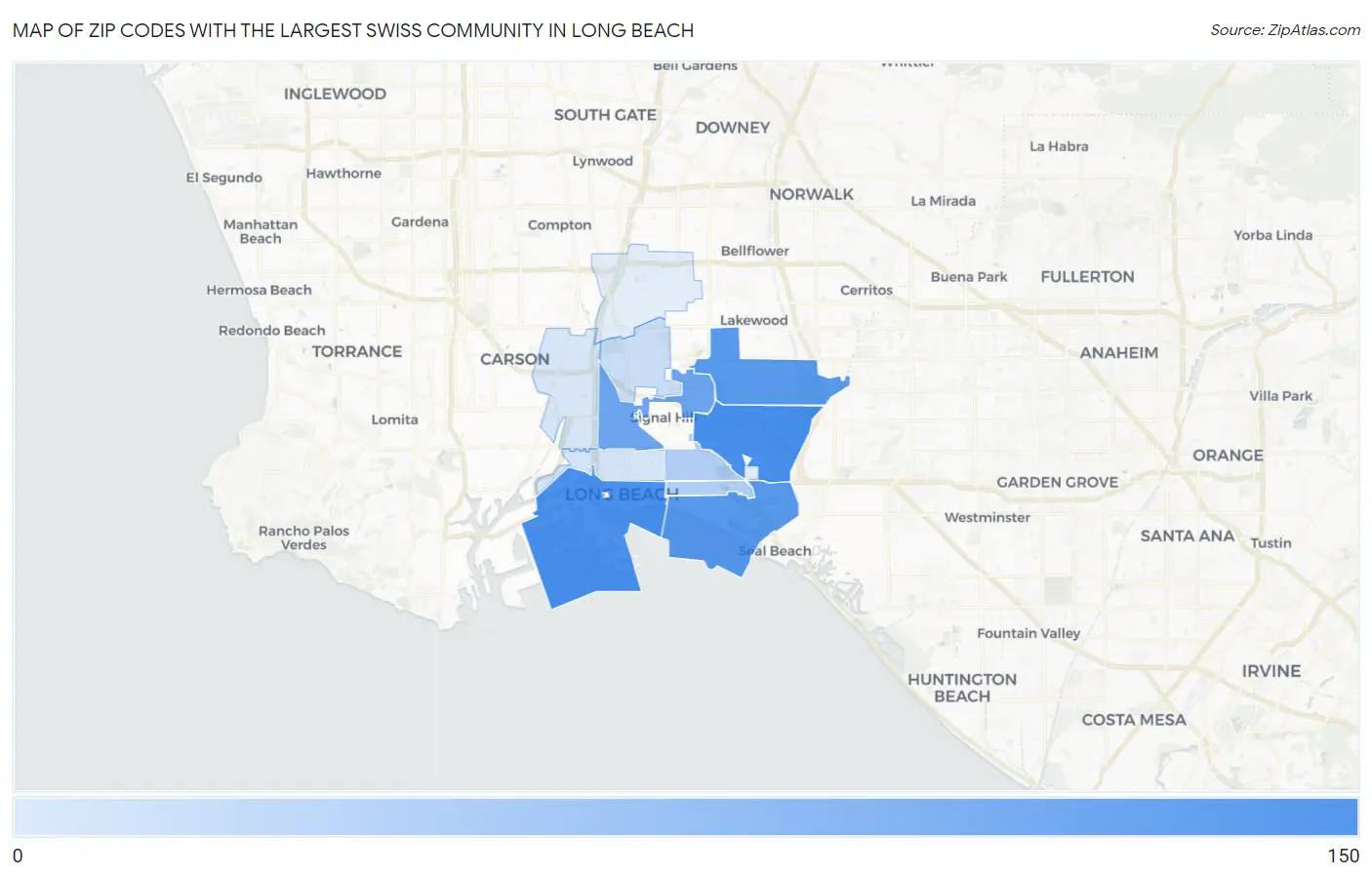 Zip Codes with the Largest Swiss Community in Long Beach Map