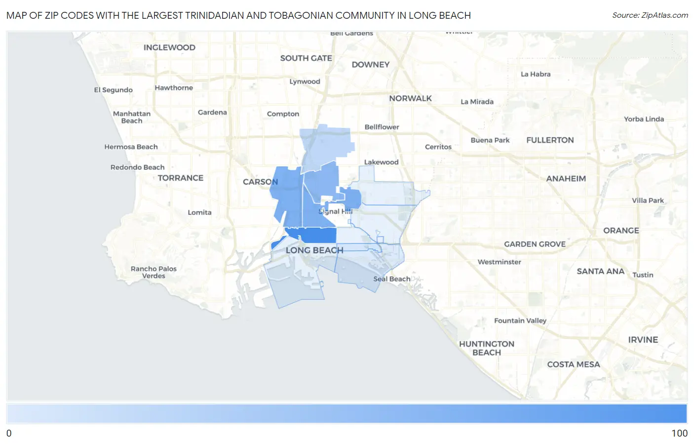 Zip Codes with the Largest Trinidadian and Tobagonian Community in Long Beach Map
