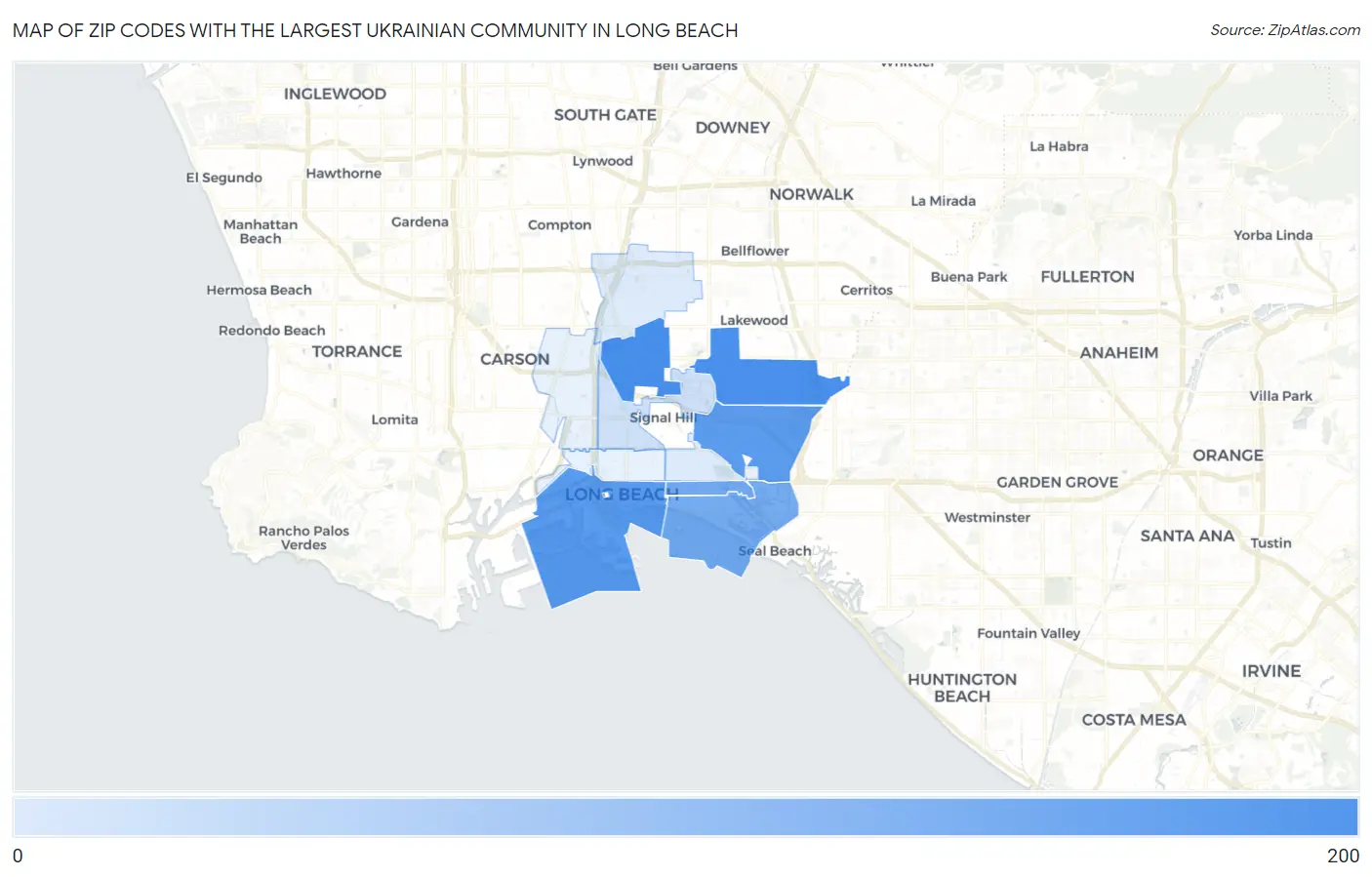 Zip Codes with the Largest Ukrainian Community in Long Beach Map