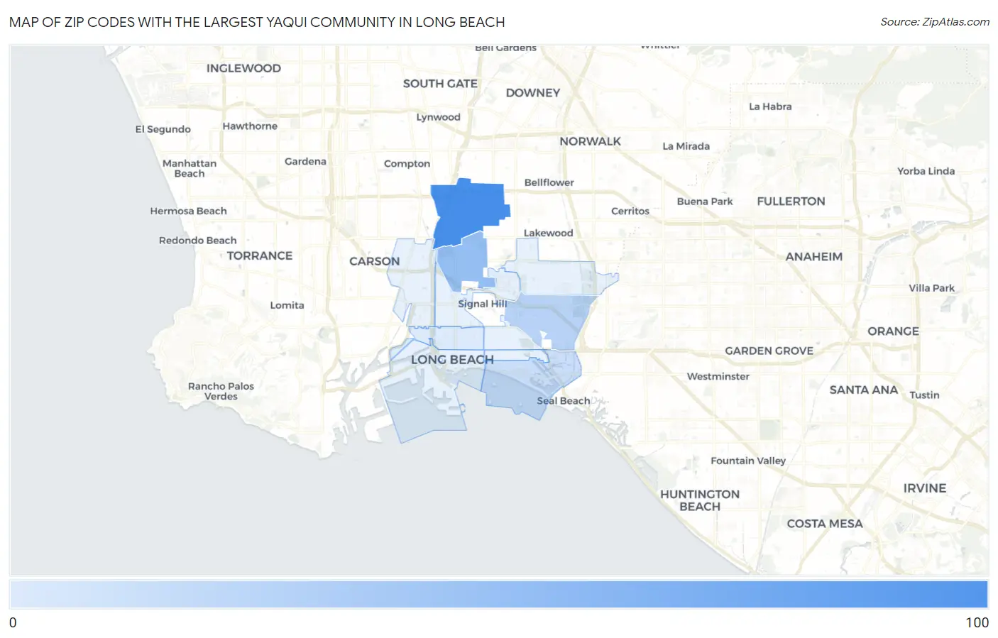 Zip Codes with the Largest Yaqui Community in Long Beach Map