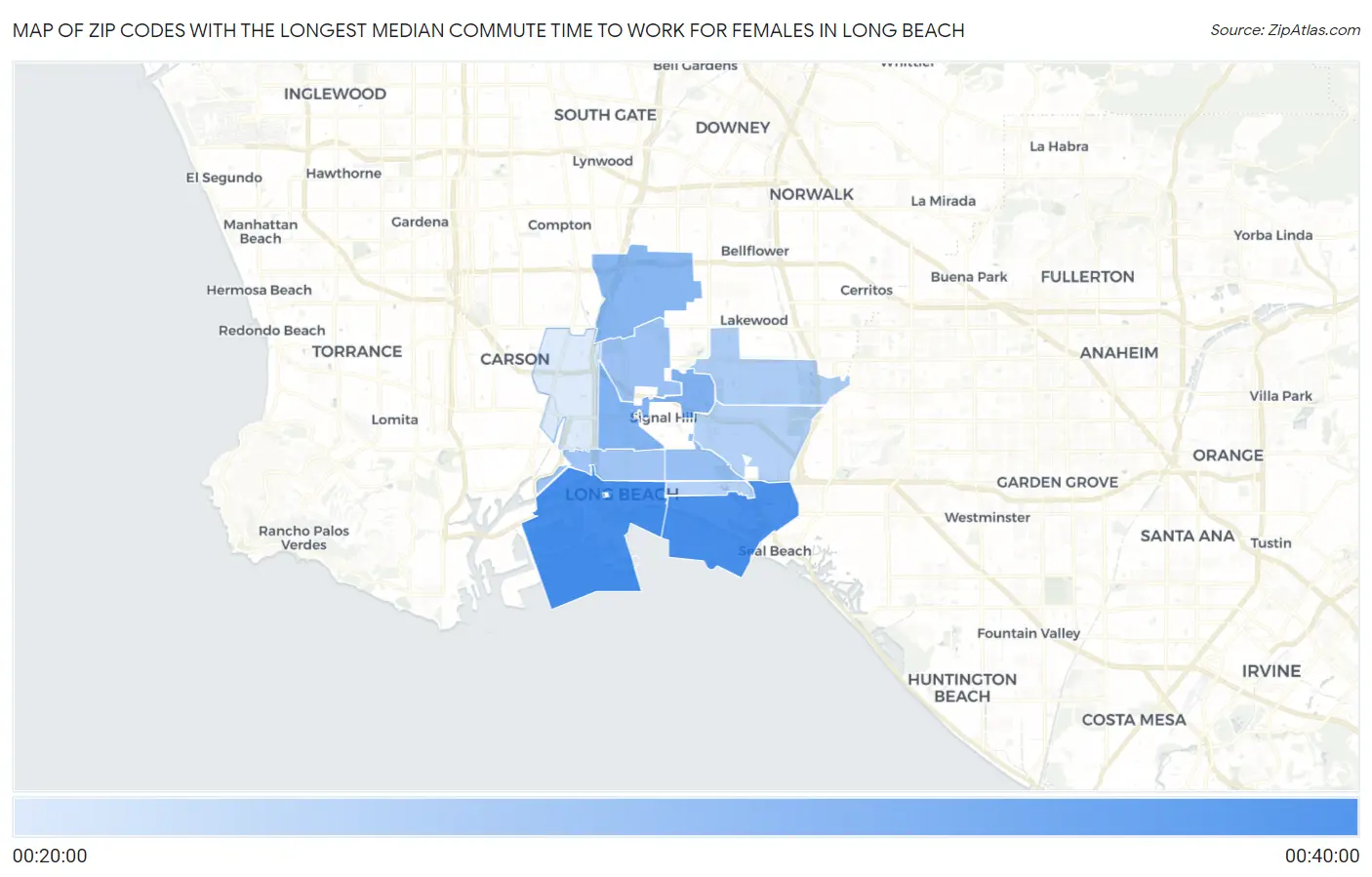 Zip Codes with the Longest Median Commute Time to Work for Females in Long Beach Map