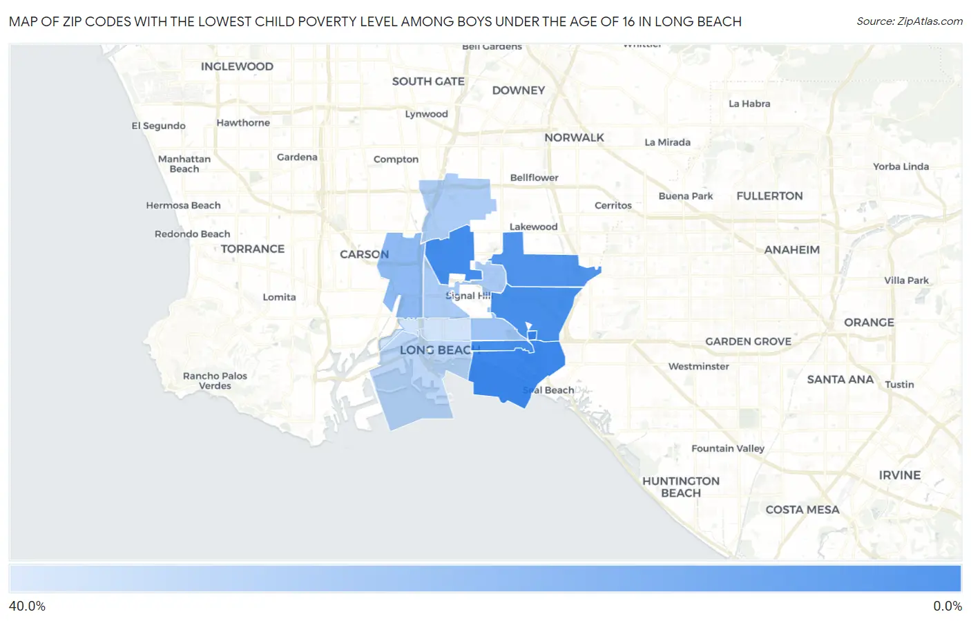 Zip Codes with the Lowest Child Poverty Level Among Boys Under the Age of 16 in Long Beach Map