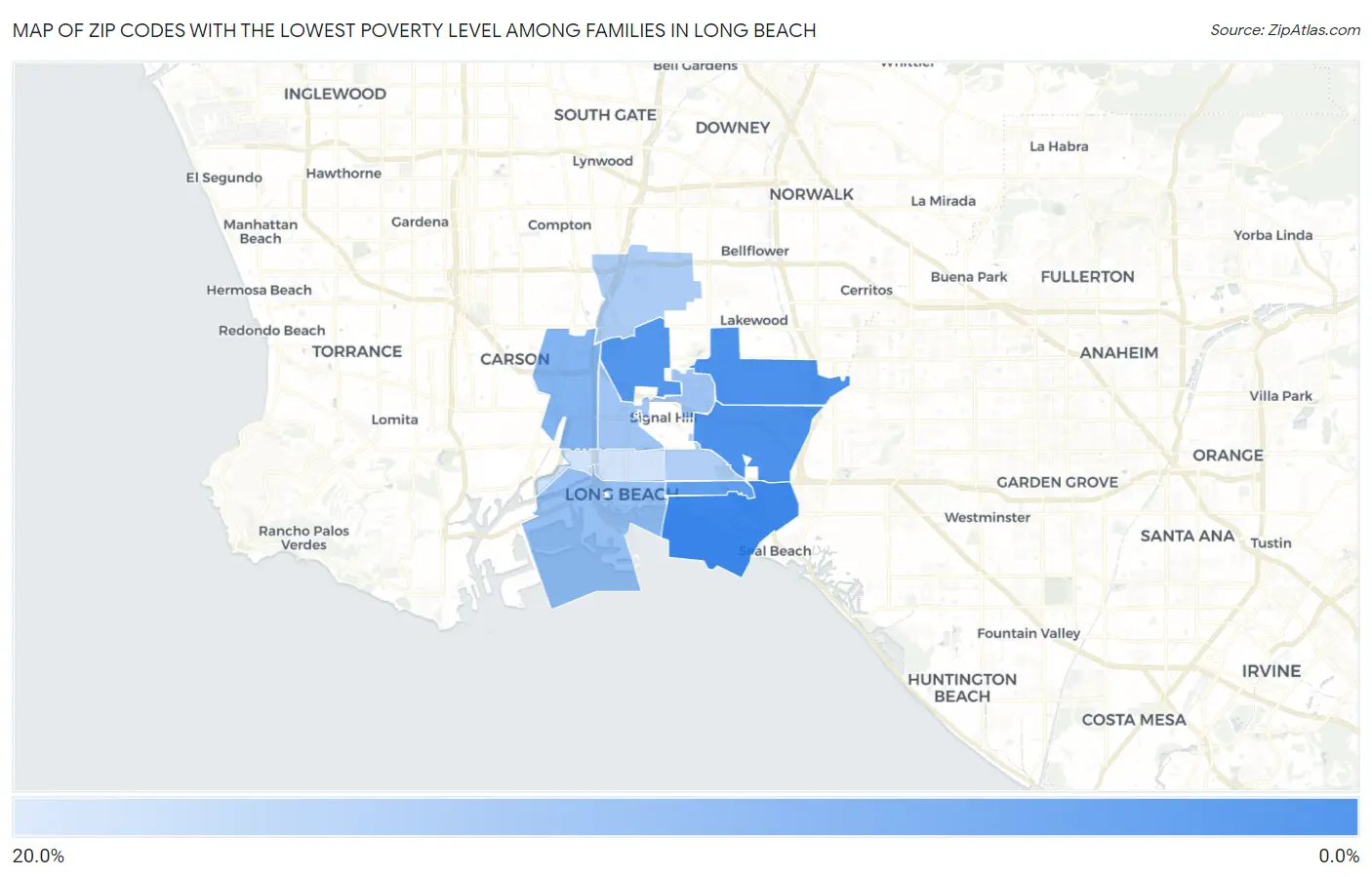 Zip Codes with the Lowest Poverty Level Among Families in Long Beach Map
