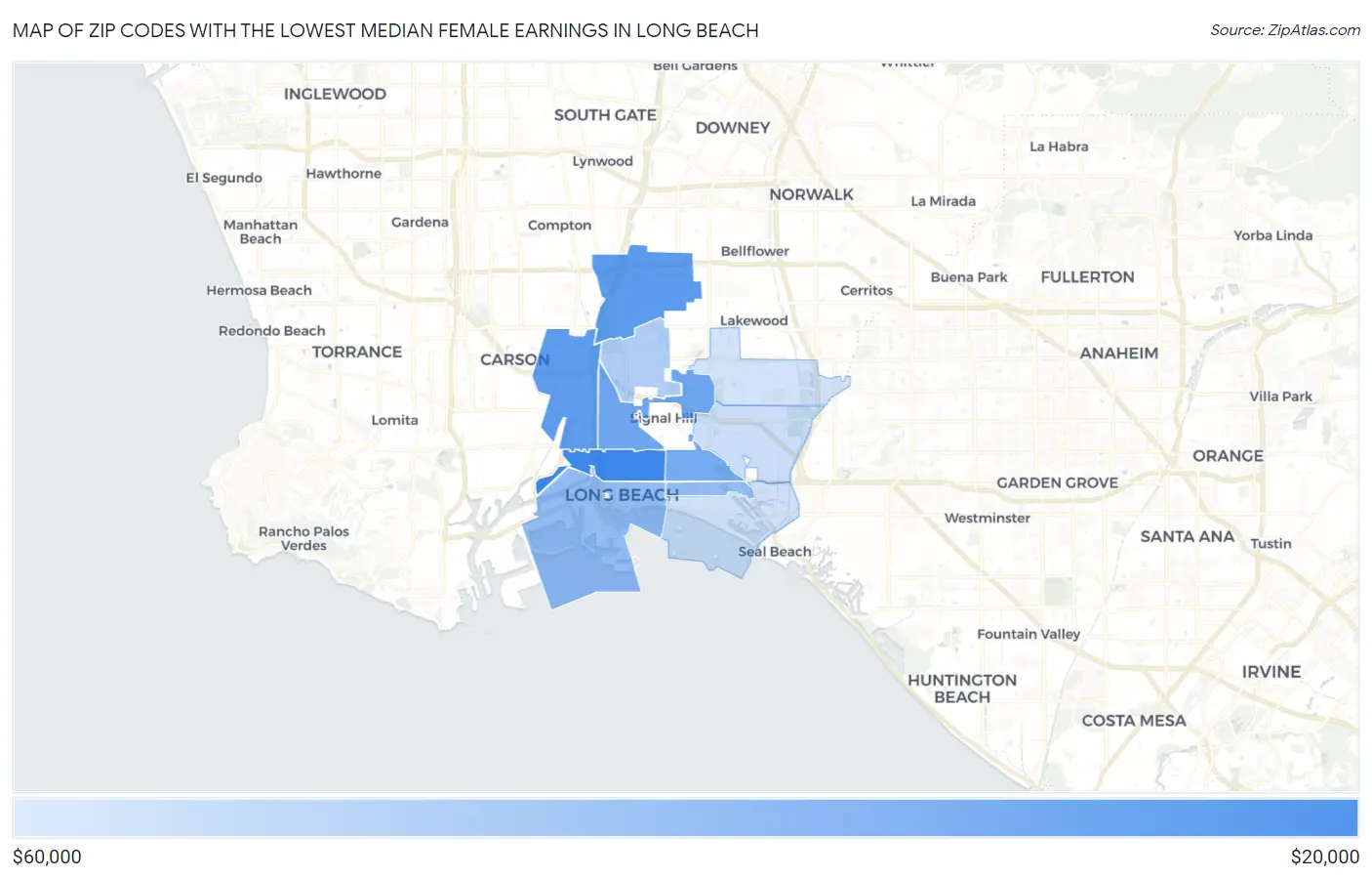 Zip Codes with the Lowest Median Female Earnings in Long Beach Map