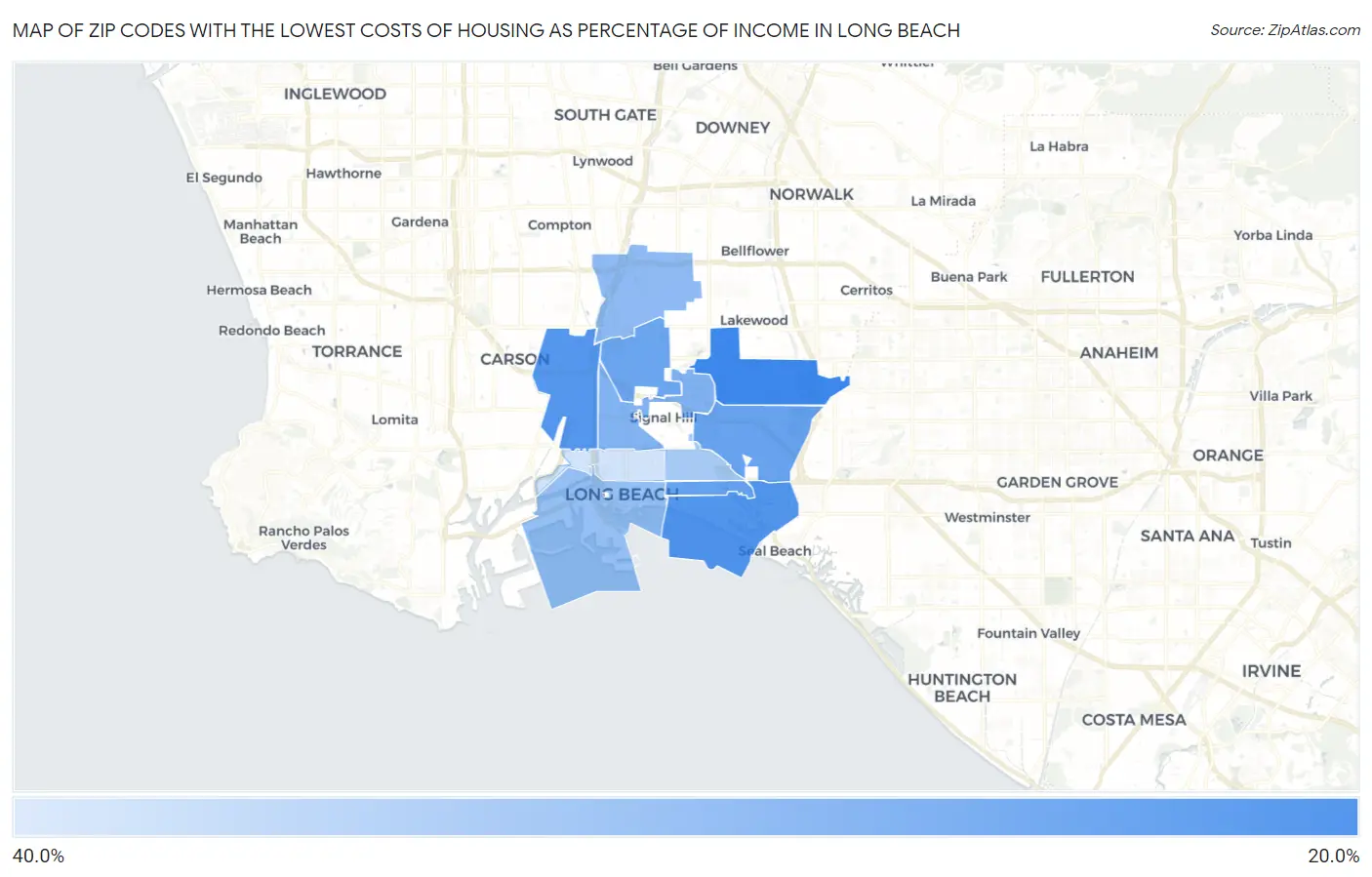 Zip Codes with the Lowest Costs of Housing as Percentage of Income in Long Beach Map