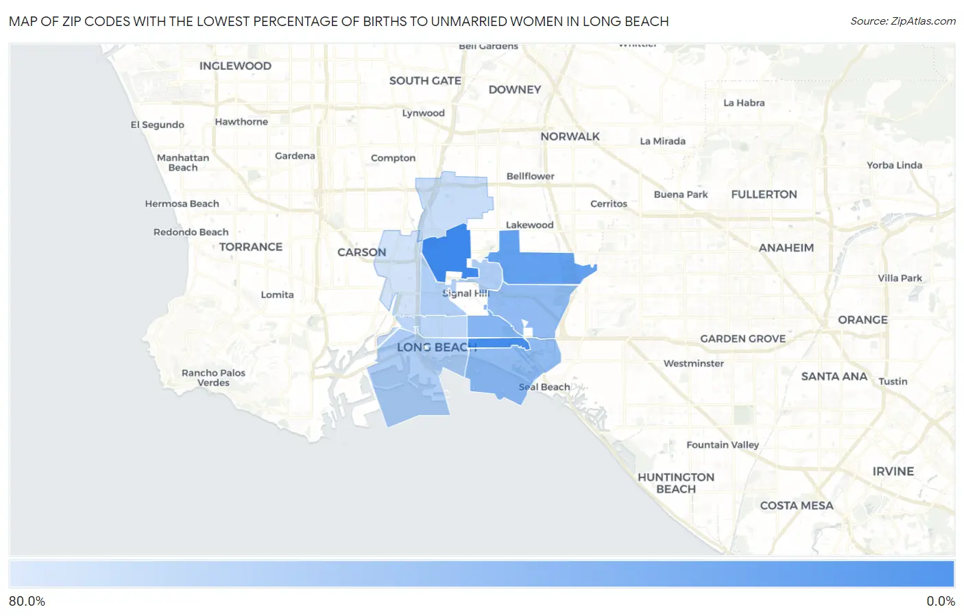 Zip Codes with the Lowest Percentage of Births to Unmarried Women in Long Beach Map