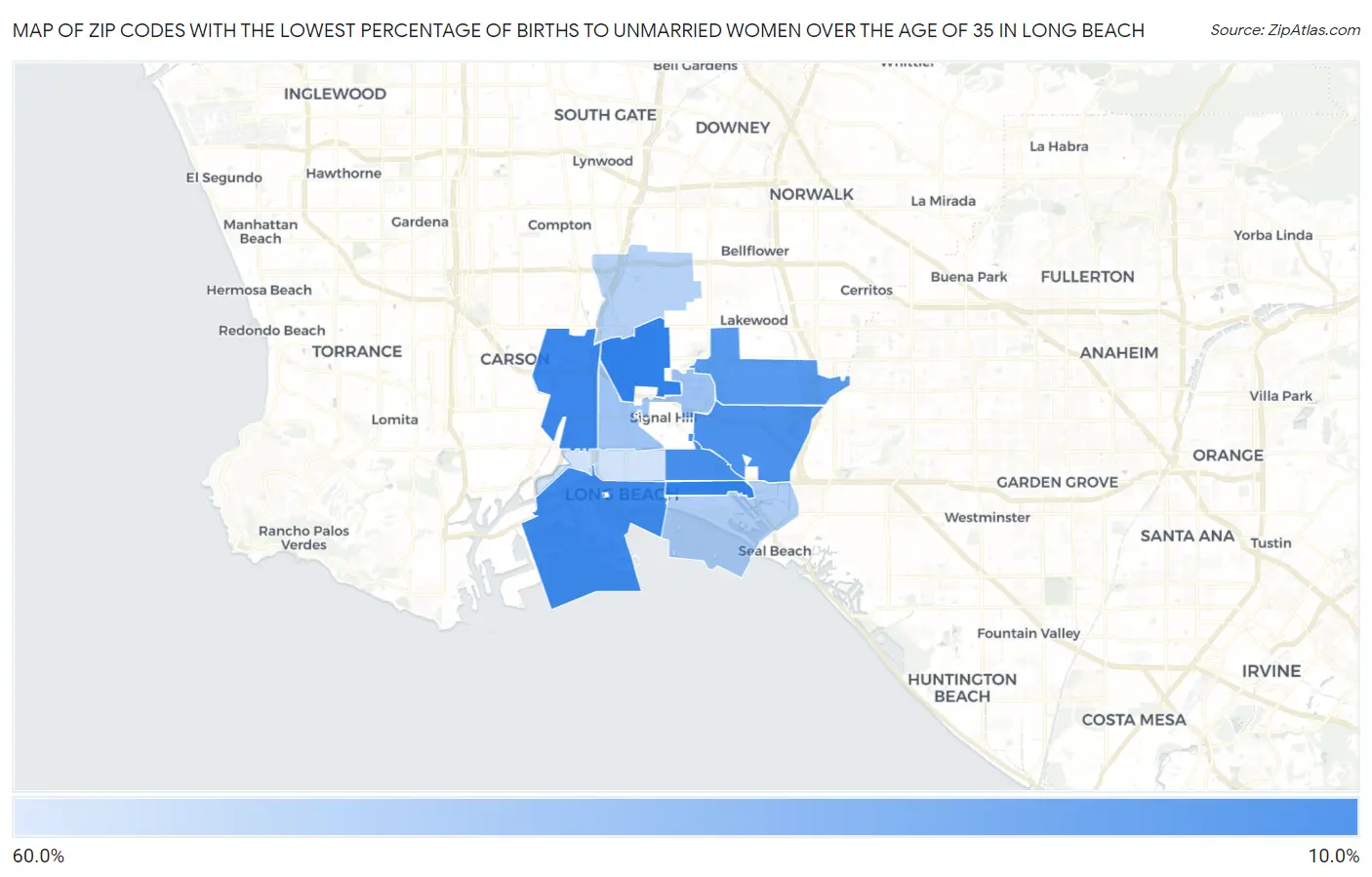 Zip Codes with the Lowest Percentage of Births to Unmarried Women over the Age of 35 in Long Beach Map