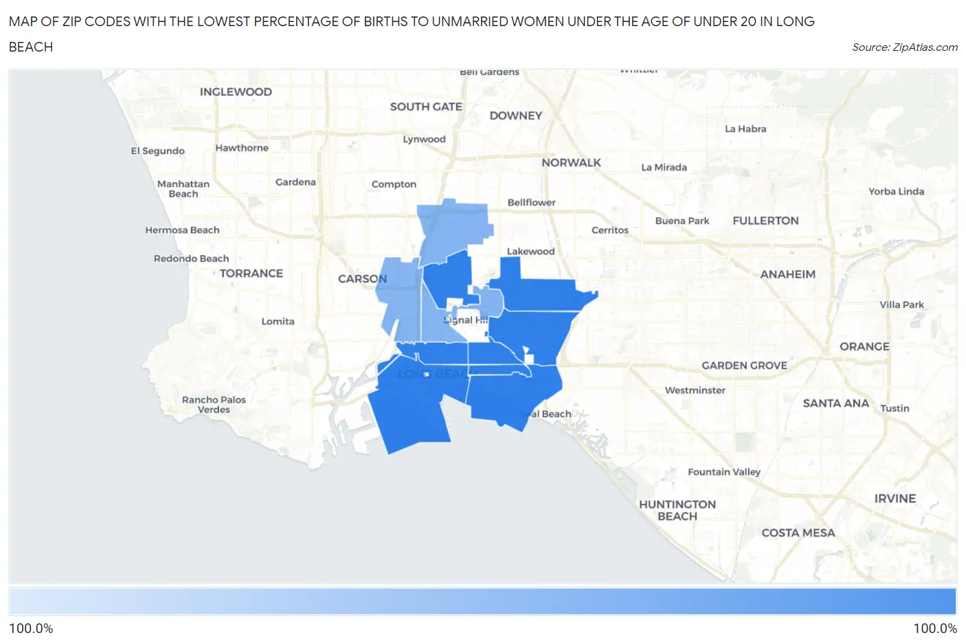 Zip Codes with the Lowest Percentage of Births to Unmarried Women under the Age of under 20 in Long Beach Map