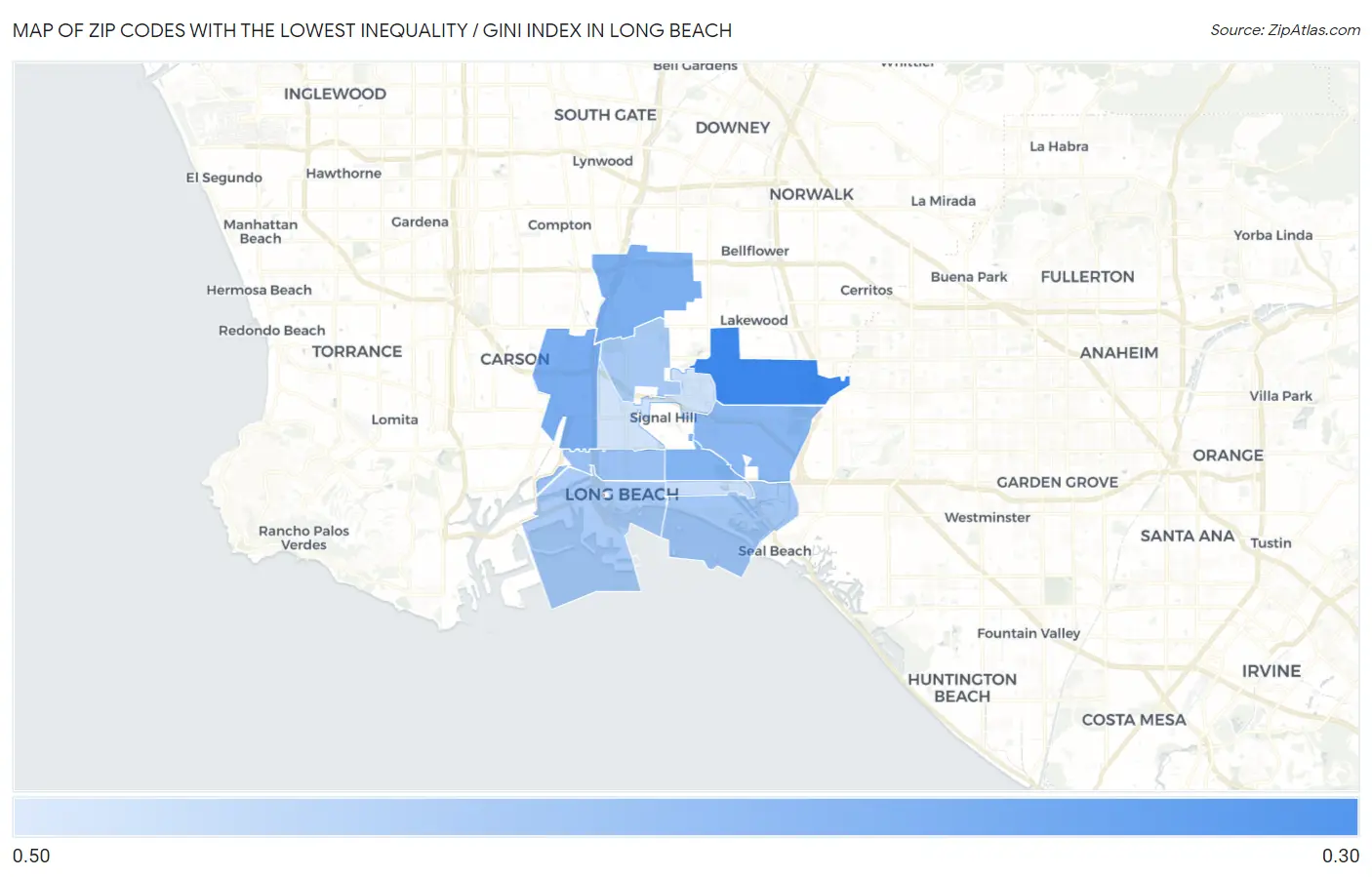 Zip Codes with the Lowest Inequality / Gini Index in Long Beach Map