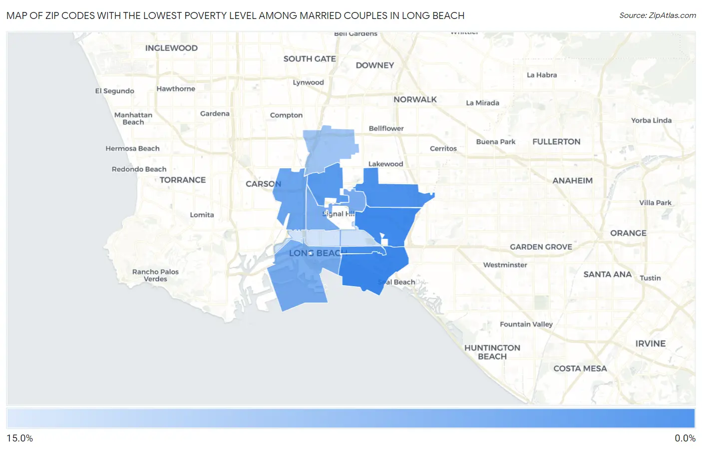 Zip Codes with the Lowest Poverty Level Among Married Couples in Long Beach Map