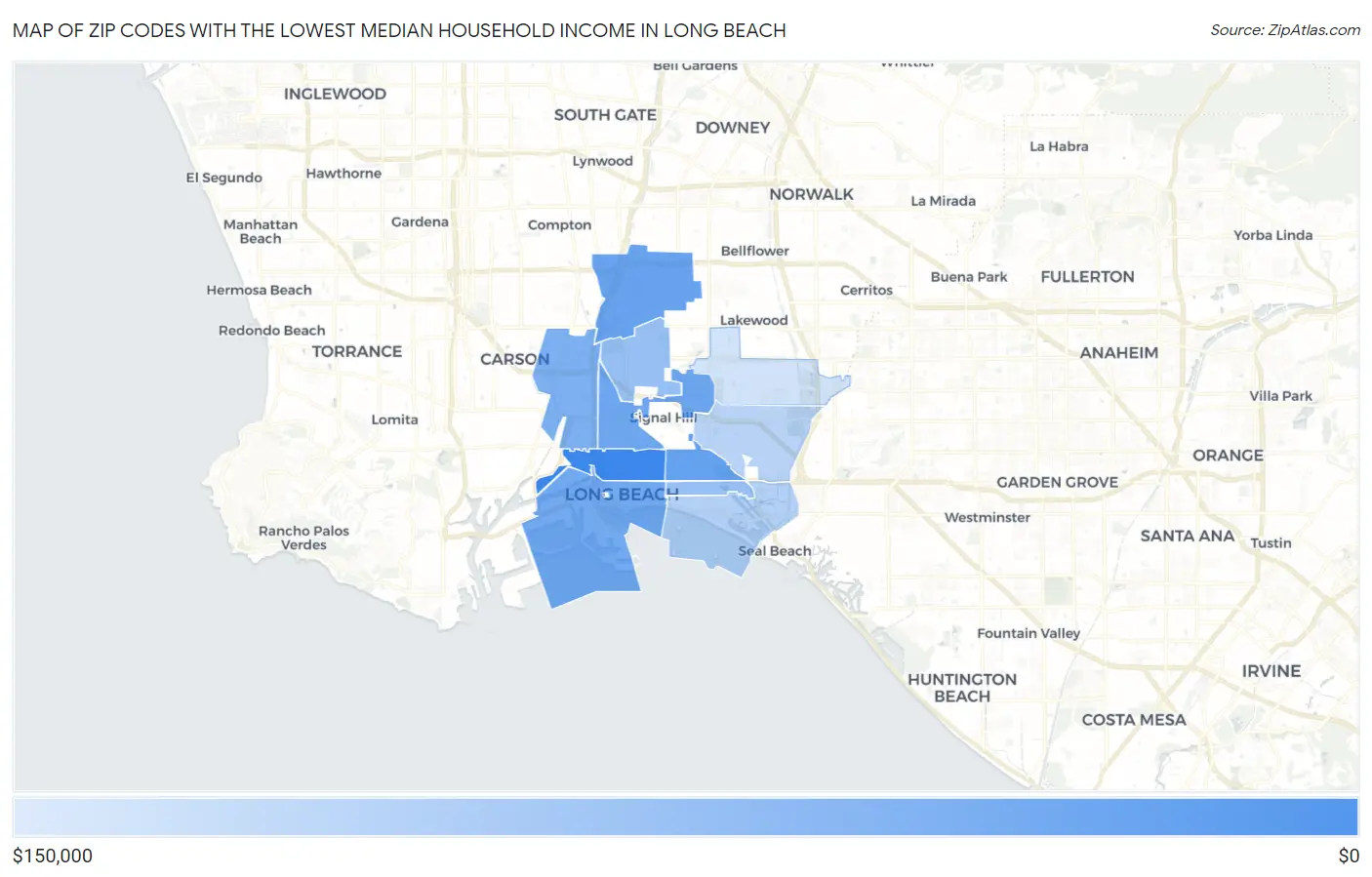 Zip Codes with the Lowest Median Household Income in Long Beach Map